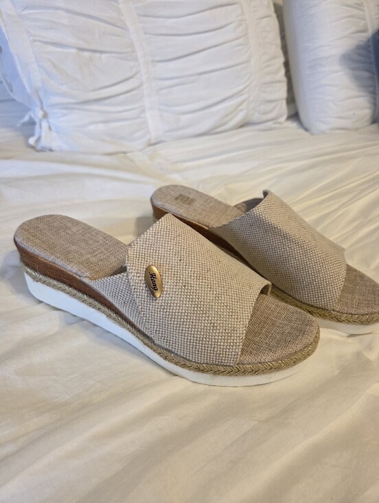 Unlisted Shoes - Unlisted Beige Textured Slide Wedge Mules